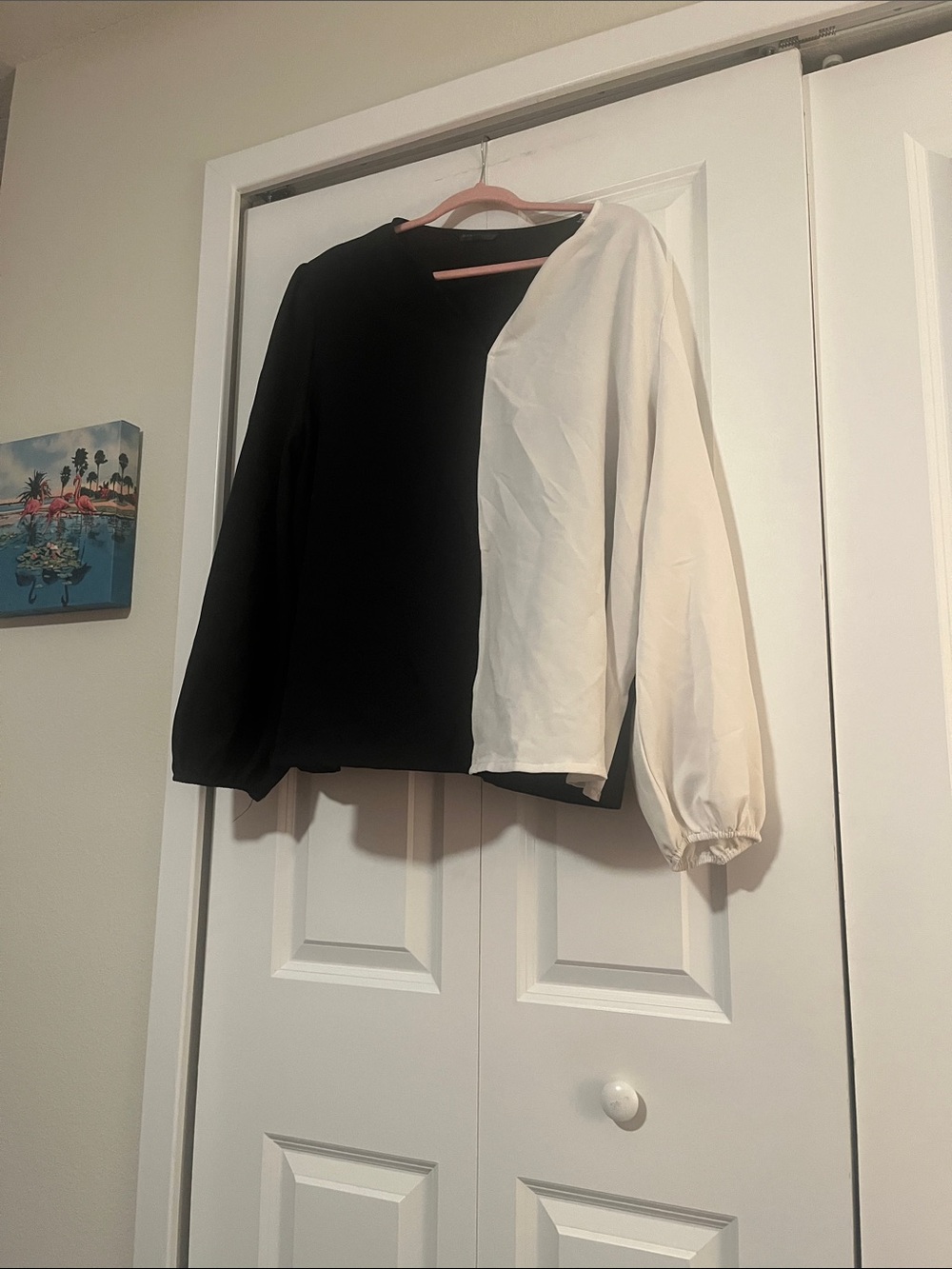 SHEIN Black and White Two-Tone Balloon Sleeve Blouse